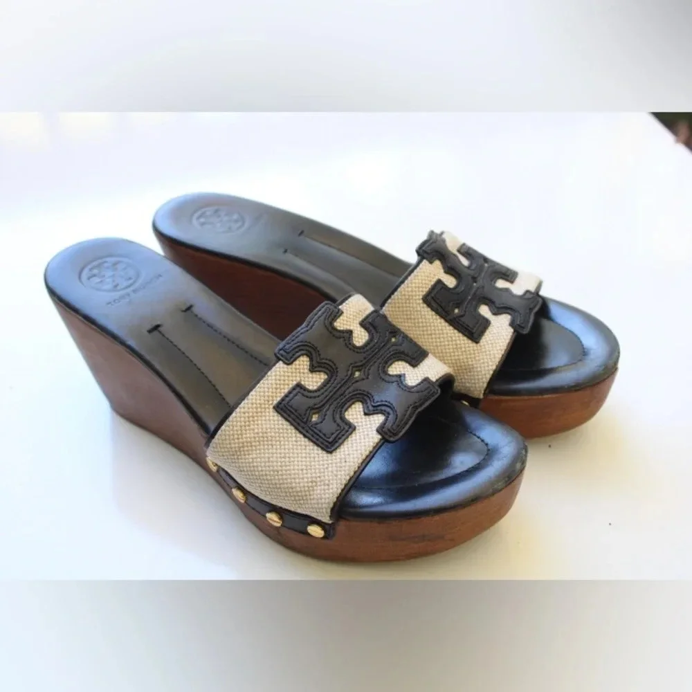 Tory Burch Black Leather and Beige Canvas Wedge Sandals